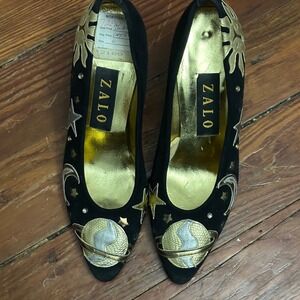 Vintage Celestial Suede Pumps Black Gold Sun Moon Stars Spain Zalo Rare! 6